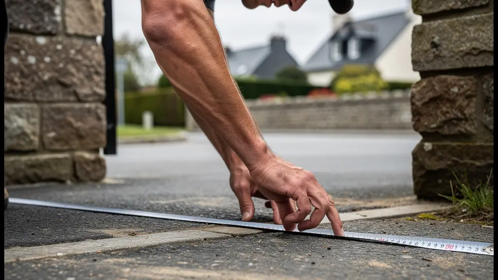 Artisan mesurant le dénivelé d'une entrée de maison pour installation portail