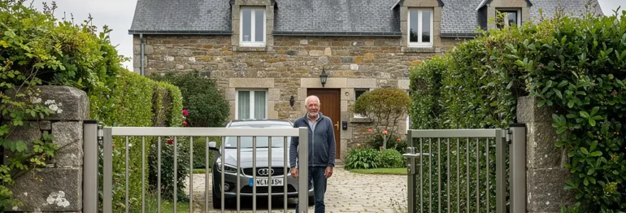 Portail aluminium thermolaqué moderne sur maison bretonne à Vannes, entrée ouverte