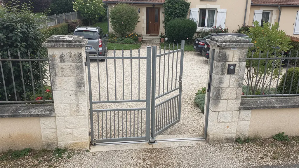 Vue semi-aérienne entrée propriété avec portail coulissant et espace refoulement latéral